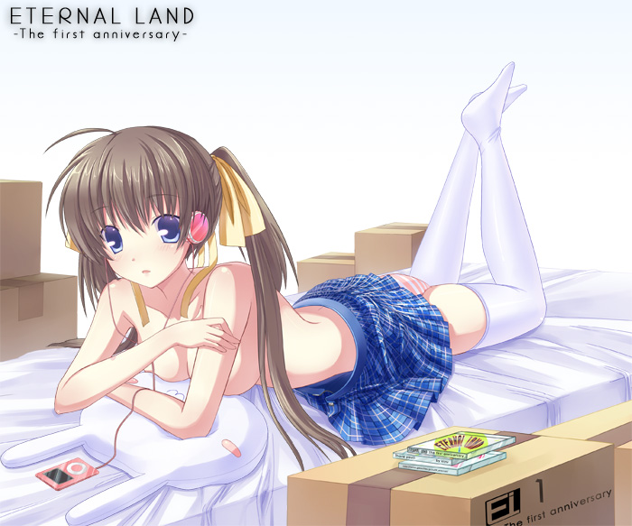 6u (eternal land), kiyu, original, 1girl, digital media player, female focus, headphones, ipod, ipod classic, ipod nano, ipod nano 3g, plaid clothes, plaid skirt, skirt, solo, thighhighs, topless female