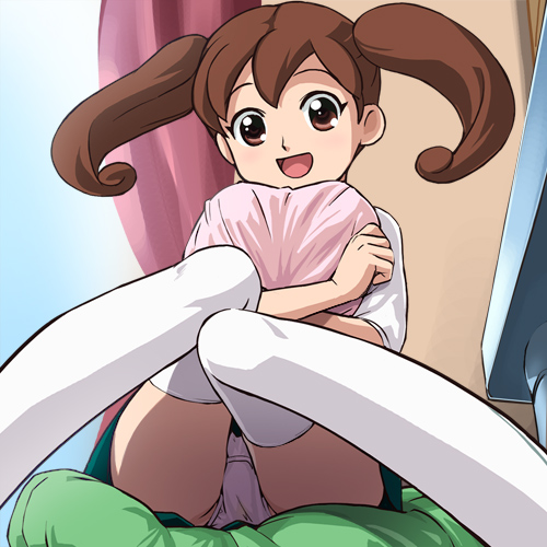 haruyama kazunori, sofue hikaru, net ghost pipopa, lowres, 00s, 1girl, brown eyes, brown hair, crossed arms, curtains, female focus, foreshortening, hugging object, indoors, panties, pantyshot, pillow, pillow hug, purple panties, sitting, solo, thighhighs, twintails, underwear, upskirt, white thighhighs