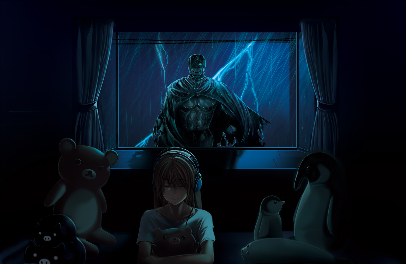 sumito, original, dark, headphones, lightning, rain, stuffed animal, stuffed toy, teddy bear, window