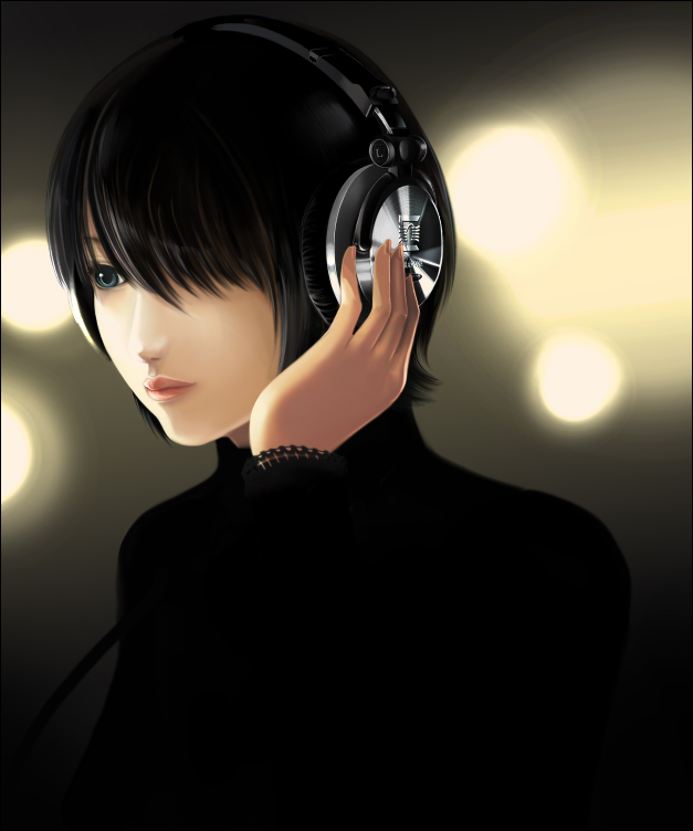 sumito, original, black hair, blue eyes, hair over one eye, headphones, short hair, solo, turtleneck