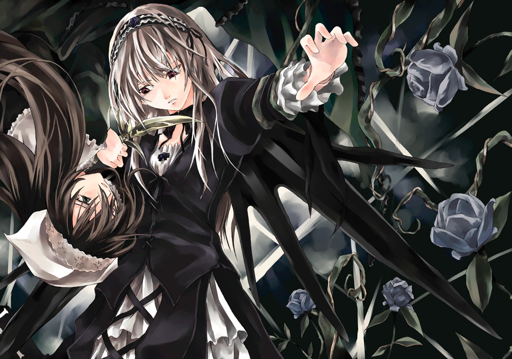 raid slash, suigintou, suiseiseki, rozen maiden, silver hair, 00s, brown hair, flower, headscarf, knife, rose, white headscarf