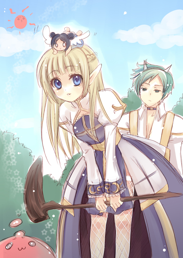 yukian, arch bishop (ragnarok online), poring, ragnarok online, 1boy, 1girl, angel, angel wings, blonde hair, blue eyes, fantasy, half updo, long hair, pointy ears, smile, staff, thighhighs, wings