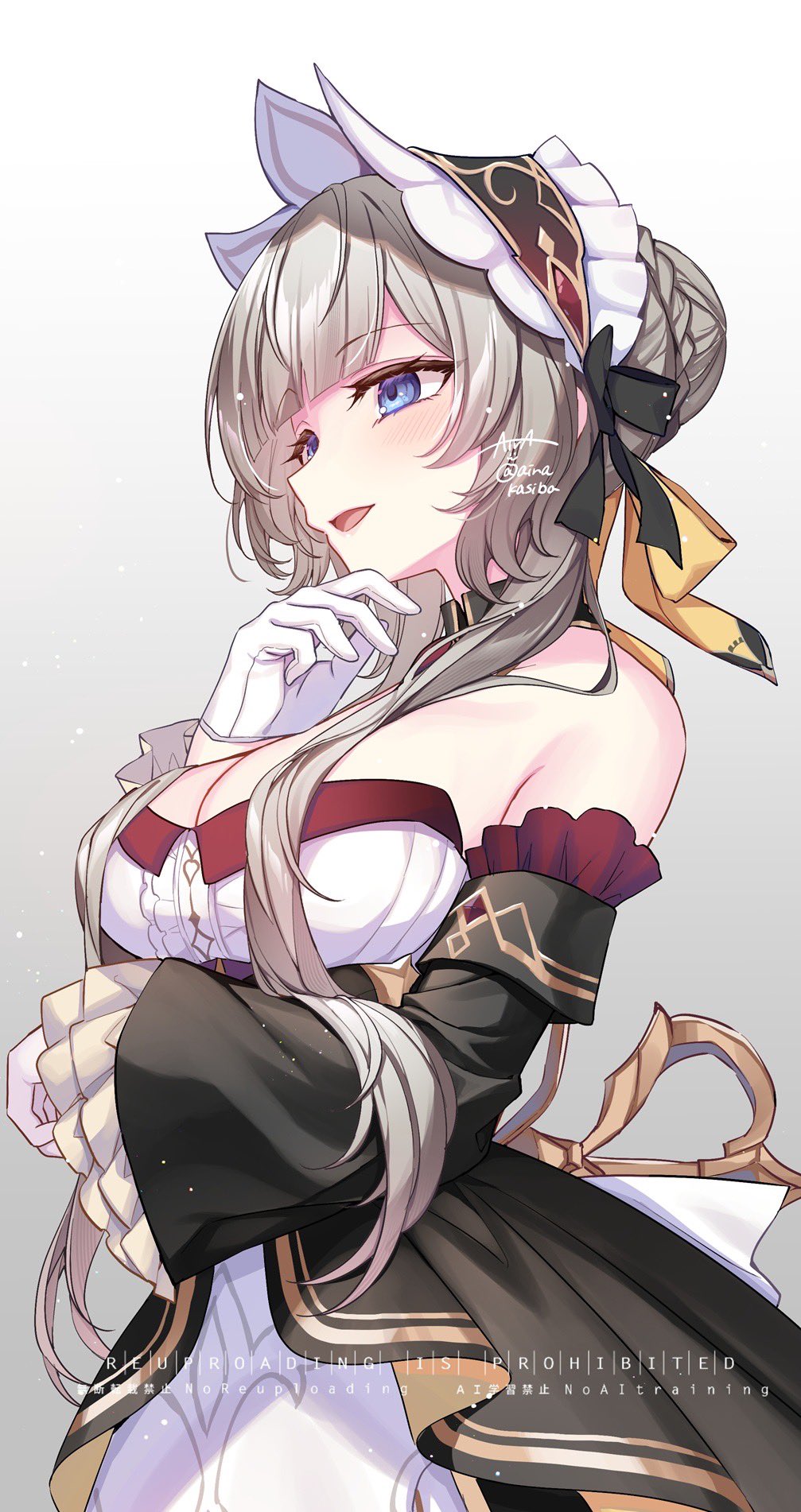 kashiba aira, sandrone (genshin impact), genshin impact, highres, 1girl, :d, bare shoulders, blue eyes, blunt bangs, breasts, cleavage, detached sleeves, dress, frilled sleeves, frills, gradient background, grey background, grey hair, hairband, large breasts, long hair, long sleeves, open mouth, red hairband, smile, solo, strapless, strapless dress, upper body, very long hair, white background