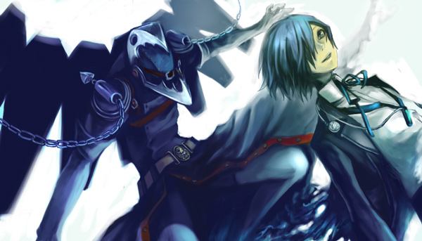 sazaesan (routesaza), thanatos (persona), yuuki makoto (persona 3), atlus, persona, persona 3, bad id, bad pixiv id, blue hair, male focus, solo