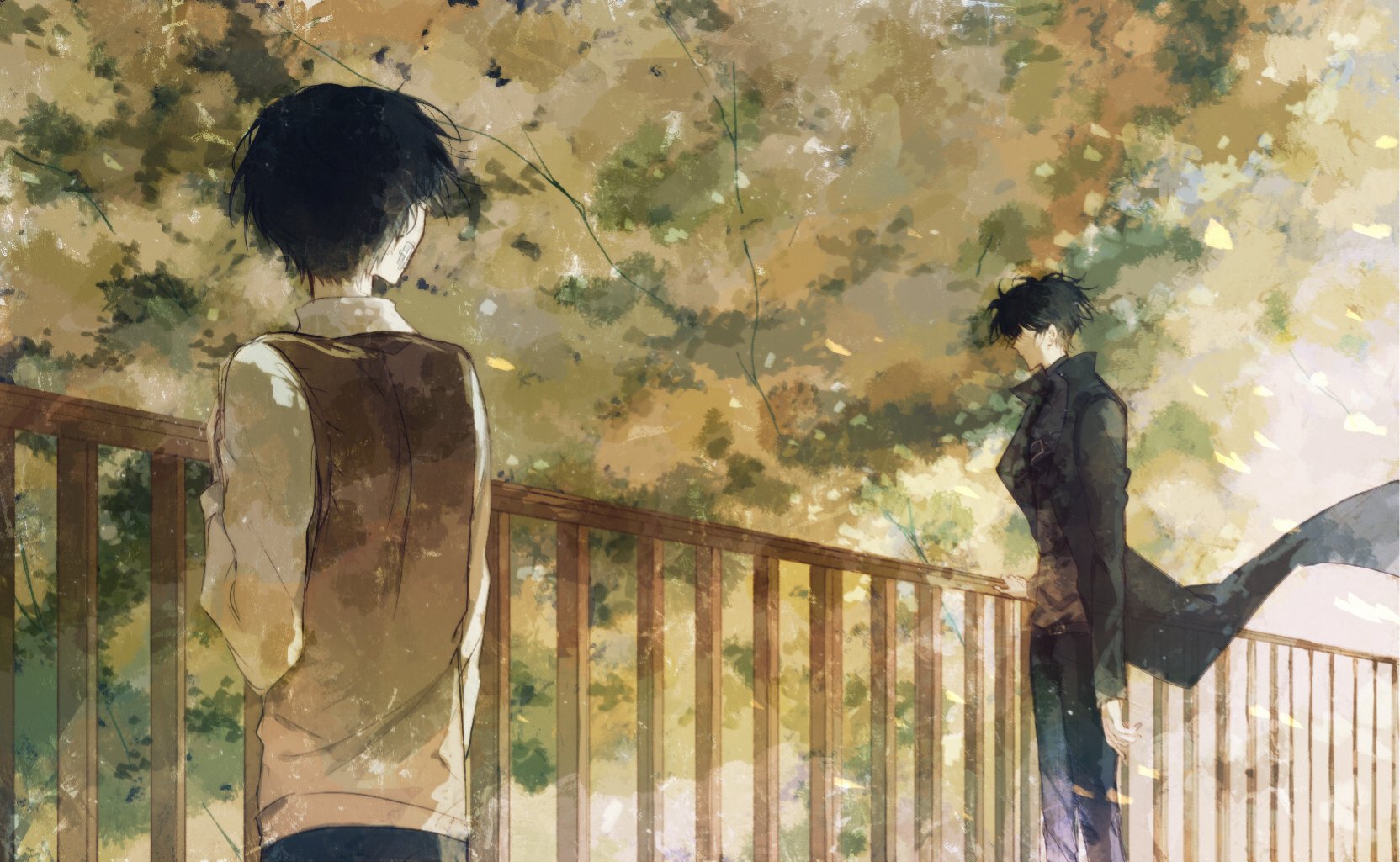 yoo joonghyuk, omniscient reader's viewpoint, highres, 2boys, black coat, black hair, branch, breathing742105, brown tunic, coat, facing another, falling leaves, leaf, multiple boys, oldest dream, open clothes, open coat, popped collar, railing, shirt, short hair, standing, tree, tunic, white shirt, wind, wind lift, wooden railing