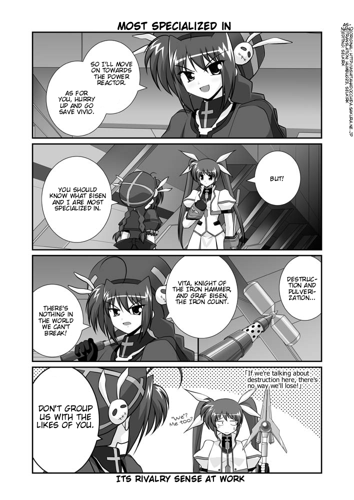 mikage takashi, graf eisen, raising heart, raising heart (exceed mode), takamachi nanoha, takamachi nanoha (exceed mode), vita (nanoha), lyrical nanoha, mahou shoujo lyrical nanoha, mahou shoujo lyrical nanoha strikers, hard-translated, third-party edit, translated, 00s, 2girls, ahoge, braid, comic, english text, fingerless gloves, gloves, greyscale, hammer, hat, jacket, magical girl, monochrome, multiple girls, open clothes, open jacket, twin braids, twintails