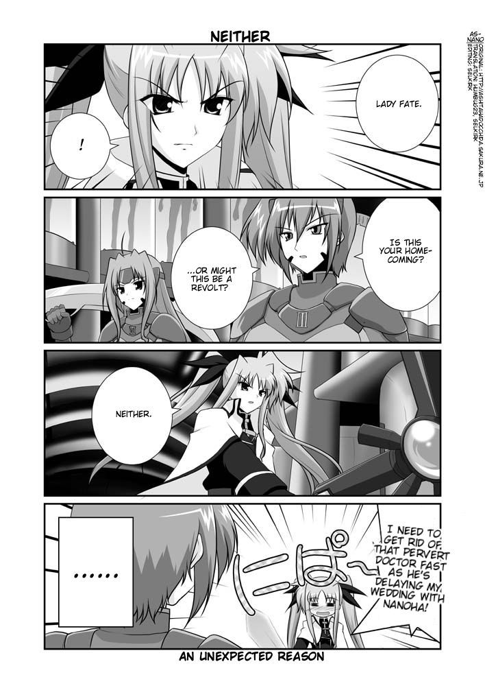 mikage takashi, bardiche (nanoha), fate testarossa, numbers (nanoha), sette (nanoha), tre (nanoha), wendi (nanoha), lyrical nanoha, mahou shoujo lyrical nanoha, mahou shoujo lyrical nanoha strikers, hard-translated, third-party edit, translated, !, 00s, 3girls, = =, ahoge, blush, bodysuit, cape, coat, comic, english text, facial mark, gloves, greyscale, headband, magical girl, monochrome, multiple girls, twintails