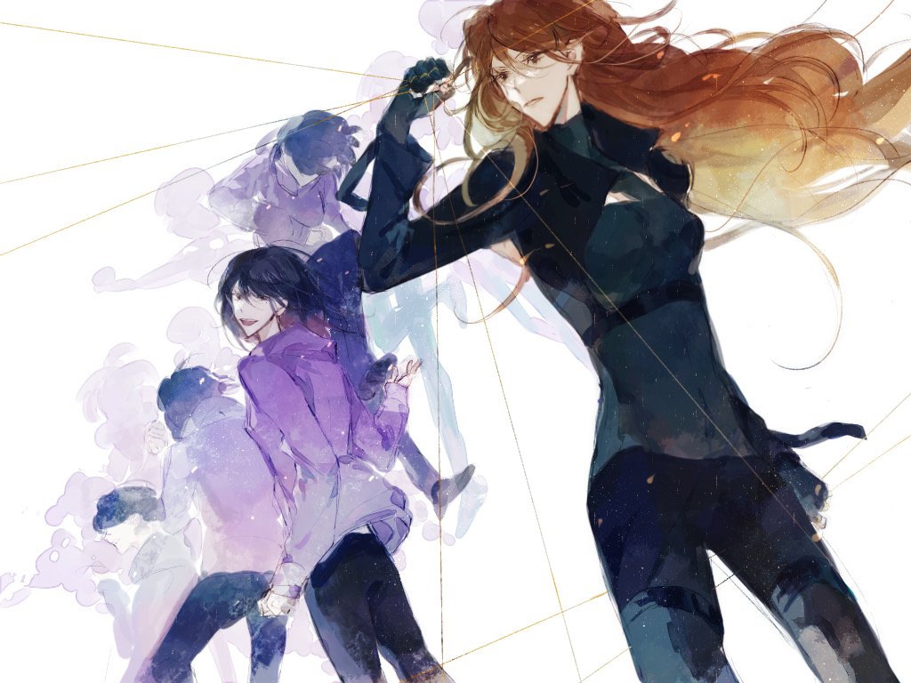 han sooyoung, yoo sangah, omniscient reader's viewpoint, 2girls, :d, above-cleavage cutout, afterimage, black bodysuit, black gloves, black hair, bodysuit, breasts, breathing742105, brown hair, cleavage, clenched hand, clothing cutout, fingerless gloves, gloves, hair flowing over, hood, hood down, hoodie, looking back, multiple girls, open mouth, purple hoodie, short hair, silk, smile, spider web, string, watercolor effect