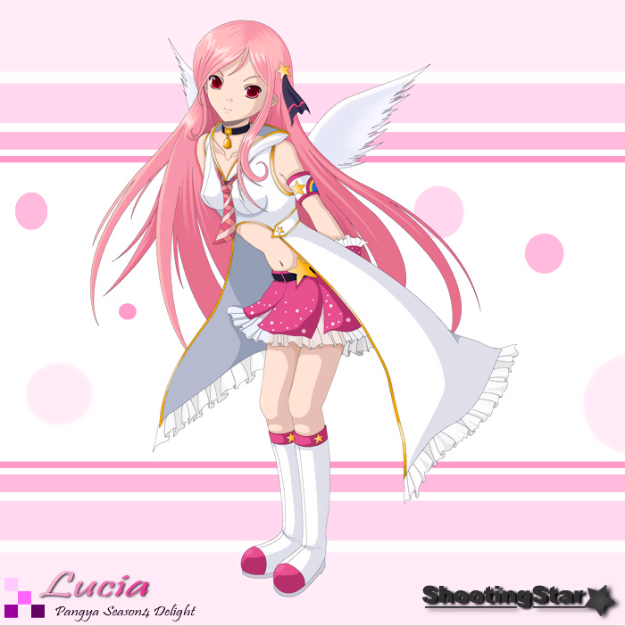 mitya, lucia, lucia (pangya), pangya, md5 mismatch, resolution mismatch, source smaller, 1girl, angel wings, female focus, long hair, pink hair, red eyes, ribbon, skirt, solo, star (symbol), very long hair, wings