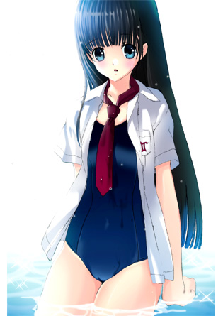 abeno chako, lowres, 1girl, blush, female focus, necktie, no pants, one-piece swimsuit, open clothes, open shirt, partially submerged, school swimsuit, school uniform, serafuku, shirt, solo, swimsuit, swimsuit under clothes, wet