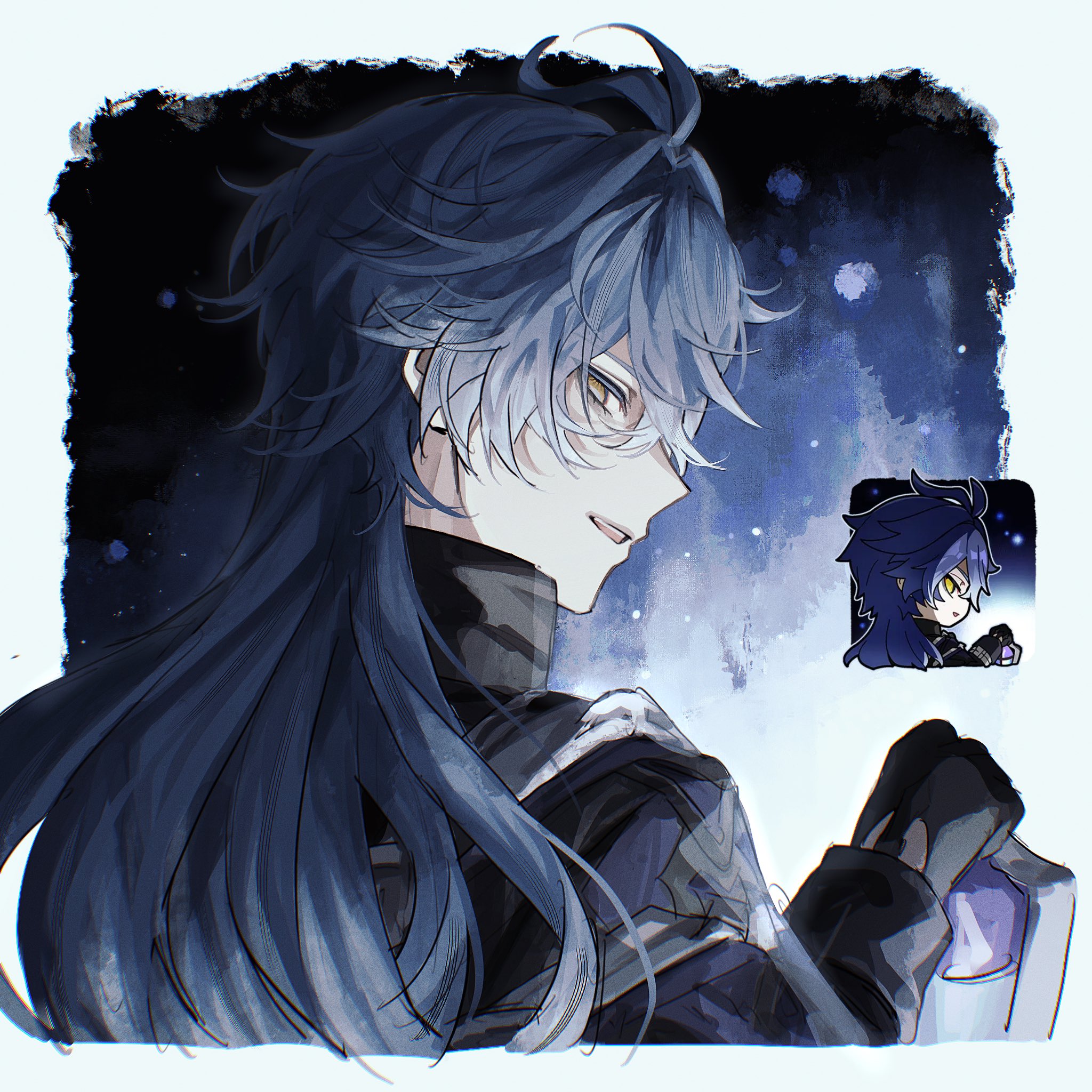 flins (genshin impact), genshin impact, highres, 1boy, antenna hair, arm up, black gloves, black jacket, blue hair, cropped torso, empty eyes, fz7047, gloves, holding, holding lantern, jacket, lantern, long hair, long sleeves, looking back, male focus, reference inset, sleeve cuffs, smile, solo, teeth, yellow eyes