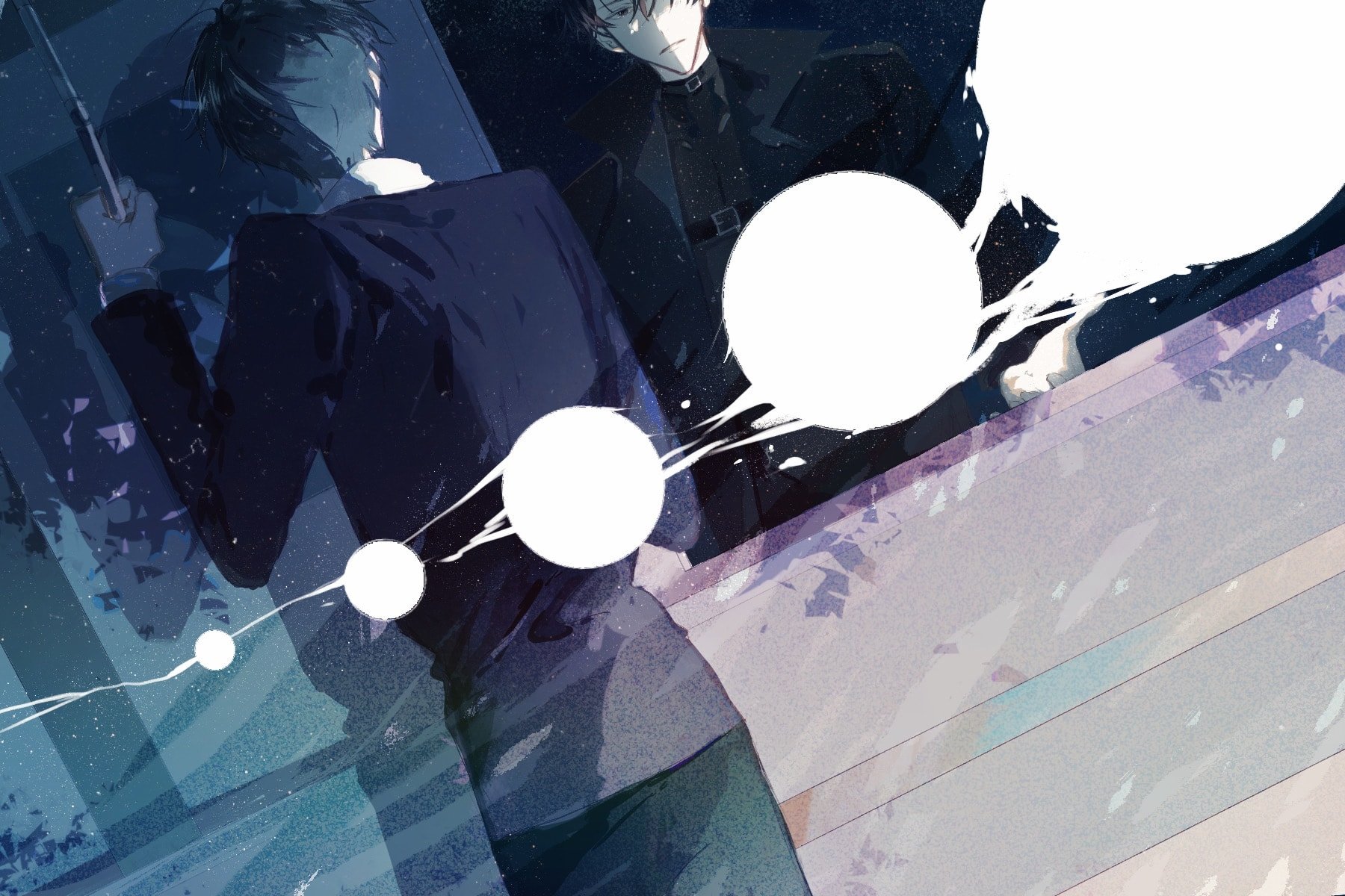 kim dokja, yoo joonghyuk, omniscient reader's viewpoint, highres, 2boys, black coat, black eyes, black hair, breathing742105, coat, dutch angle, expressionless, forest, looking at another, multiple boys, nature, open clothes, orb, popped collar, shadow, short hair, standing, train interior, tree