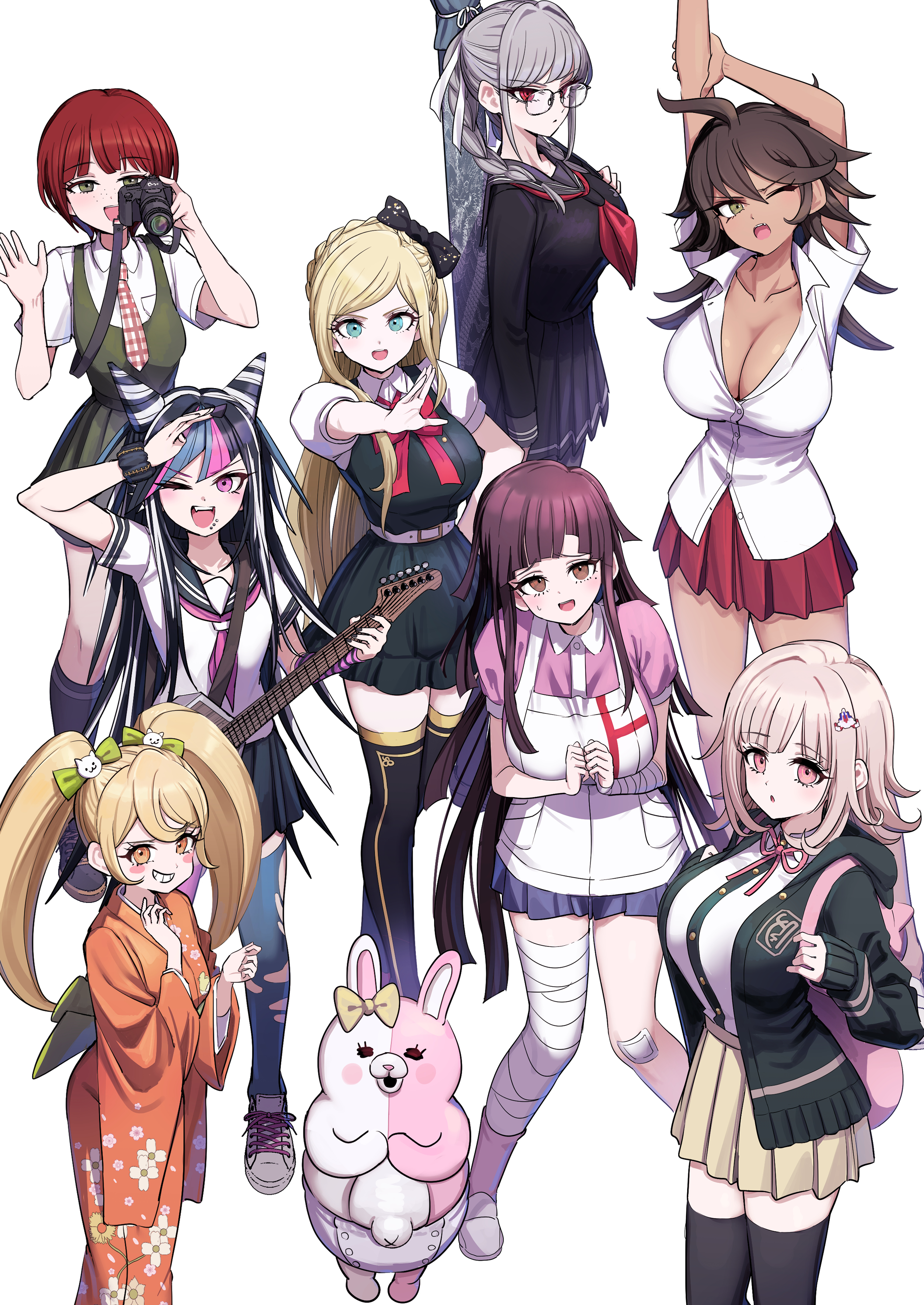 pizzasi, koizumi mahiru, mioda ibuki, monomi (danganronpa), nanami chiaki, owari akane, pekoyama peko, saionji hiyoko, sonia nevermind, tsumiki mikan, danganronpa (series), danganronpa 2: goodbye despair, absurdres, commentary request, highres, 6+girls, ;d, apron, arm up, backpack, bag, bandaged leg, bandages, black dress, black hair, black jacket, black serafuku, black shirt, black skirt, black thighhighs, blonde hair, blue eyes, blue hair, blue skirt, blue thighhighs, breasts, brown eyes, brown hair, brown kimono, camera, cleavage, collared shirt, diaper, dress, dress shirt, electric guitar, freckles, green dress, green eyes, grey hair, grey sailor collar, guitar, hair between eyes, holding, holding camera, holding instrument, hood, hood down, hooded jacket, instrument, jacket, japanese clothes, kimono, large breasts, long hair, multicolored hair, multiple girls, neckerchief, one eye closed, open mouth, outstretched arm, pink hair, pink shirt, pink socks, pleated skirt, puffy short sleeves, puffy sleeves, purple eyes, red eyes, red hair, red neckerchief, red skirt, sailor collar, school uniform, serafuku, shirt, shoes, short sleeves, simple background, skirt, sleeveless, sleeveless dress, slippers, smile, socks, thighhighs, torn clothes, torn thighhighs, twintails, two-tone hair, very long hair, white apron, white background, white shirt, white shoes, white slippers