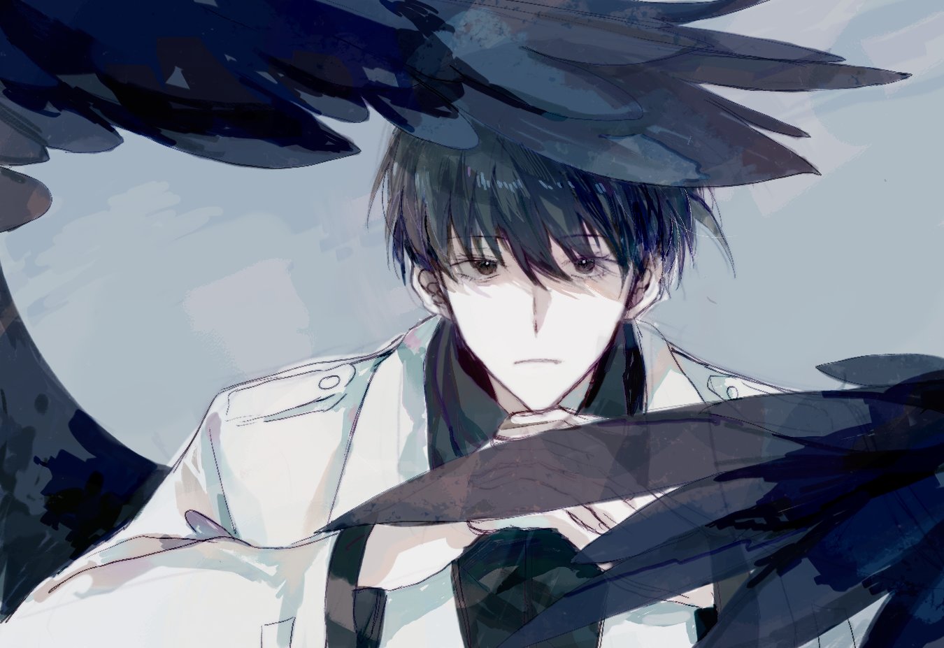 kim dokja, omniscient reader's viewpoint, 1boy, black eyes, black hair, black shirt, black wings, breathing742105, coat, feathered wings, interlocked fingers, light frown, male focus, open clothes, popped collar, shirt, short hair, solo, upper body, watercolor effect, white coat, wings