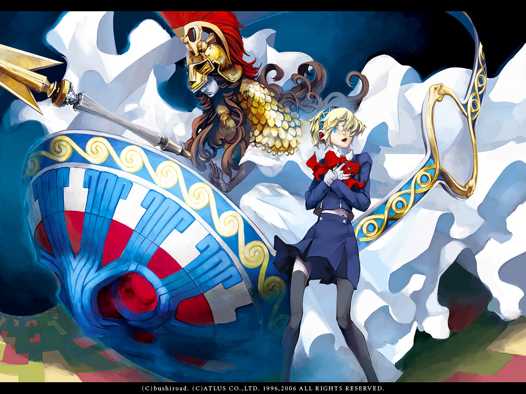 enpitsu, migikiki, aigis (persona), athena (megami tensei), atlus, persona, persona 3, 1girl, android, blonde hair, blue eyes, female focus, school uniform, serafuku, short hair, solo, standing