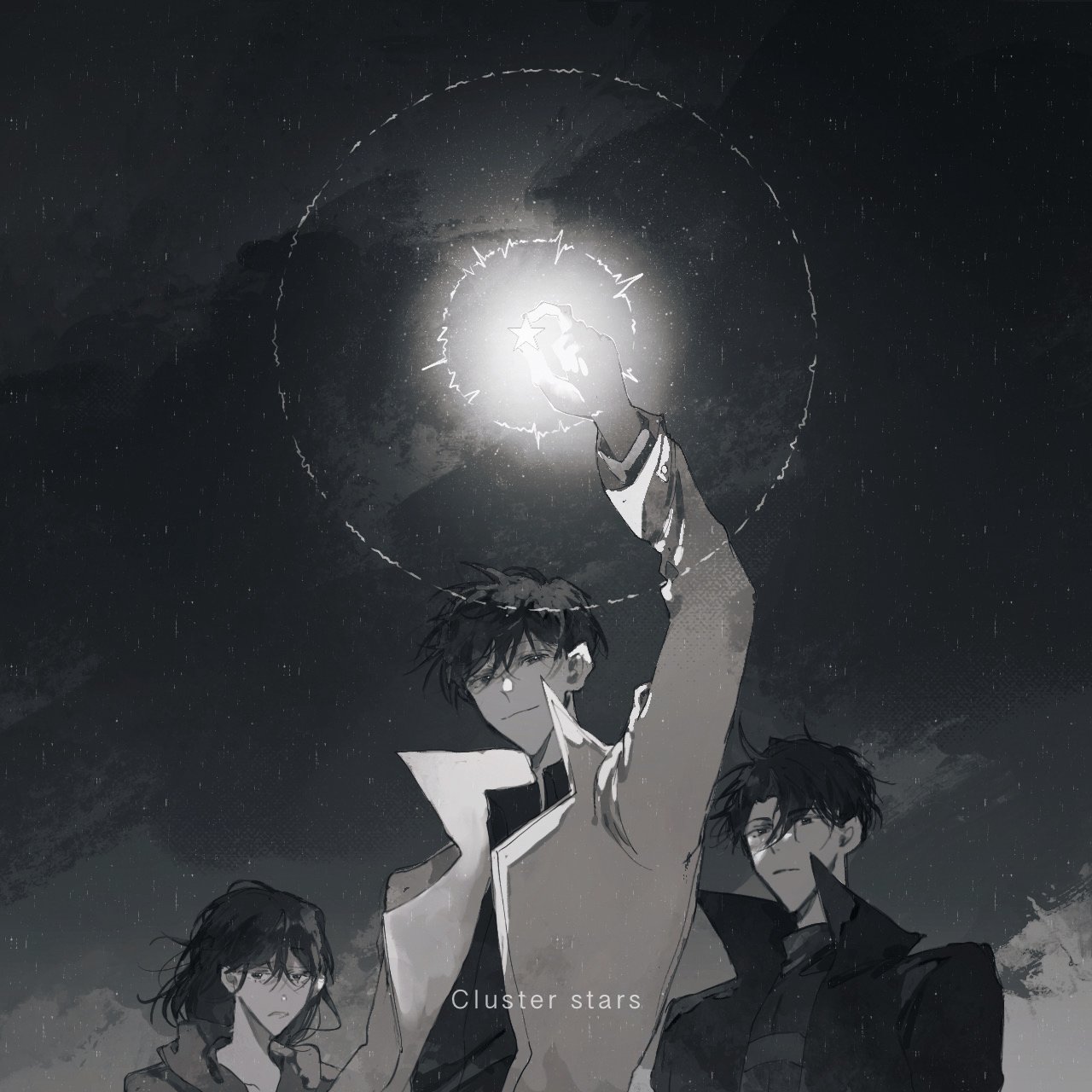 han sooyoung, yoo joonghyuk, omniscient reader's viewpoint, highres, 1girl, 2boys, arm up, averting eyes, black coat, black hair, bob cut, breathing742105, coat, glowing, grey hoodie, greyscale, halo, holding, holding star, hood, hoodie, monochrome, multiple boys, open clothes, open coat, popped collar, short hair, smile, standing, star (symbol), white coat