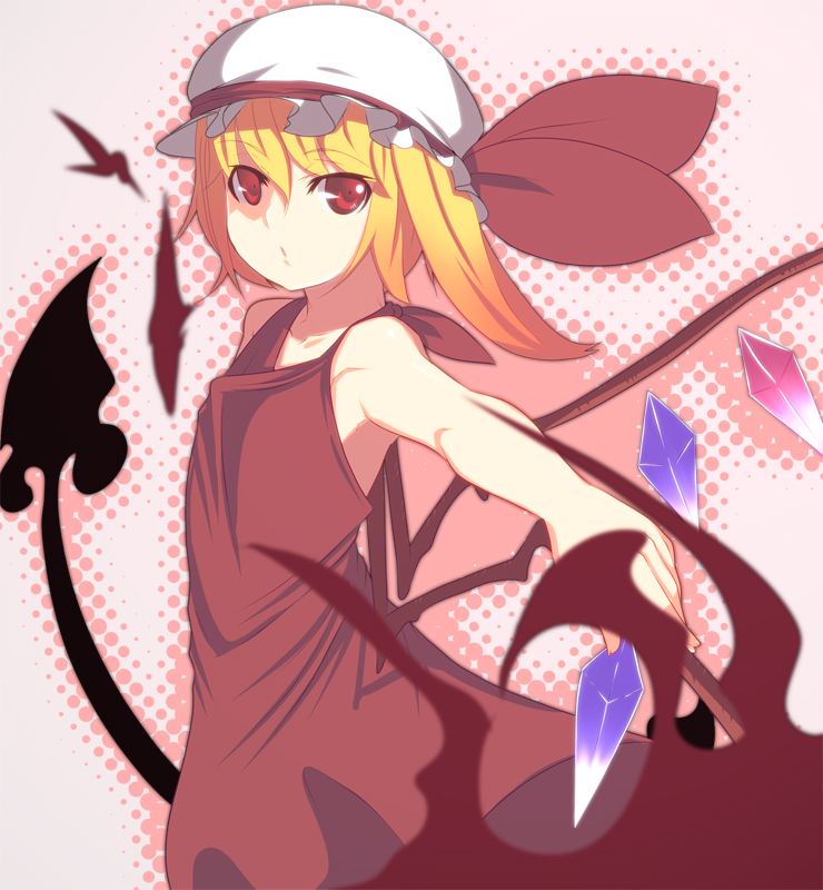 johnny funamushi, flandre scarlet, touhou, 1girl, adapted costume, bare shoulders, blonde hair, collarbone, crystal, dress, female focus, hat, looking at viewer, mob cap, red dress, red eyes, short hair, sleeveless, sleeveless dress, solo, stick