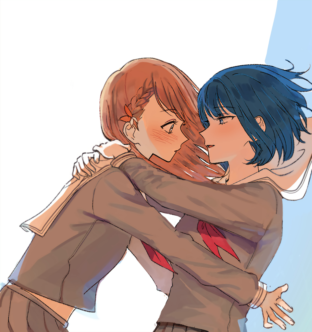 prmogumogu, hanasato minori, kiritani haruka, project sekai, bad id, bad twitter id, 2girls, arms around neck, blue eyes, blue hair, blush, bob cut, braid, brown hair, eye contact, grey serafuku, long sleeves, looking at another, miyamasuzaka girls' academy school uniform, multiple girls, neckerchief, open mouth, red neckerchief, school uniform, serafuku, single braid, upper body, yuri