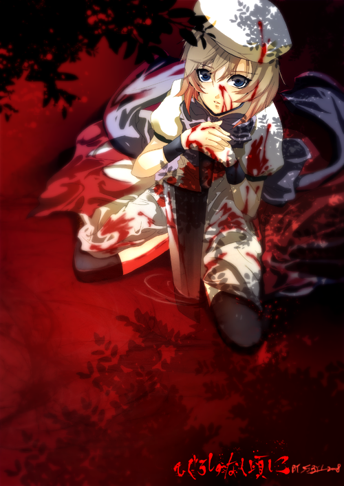 sibyl, ryuuguu rena, higurashi no naku koro ni, bad id, bad pixiv id, 00s, 1girl, beret, billhook, blood, cleaver, dress, female focus, hashitsuki nata, hat, hatchet, nata (tool), solo, thighhighs