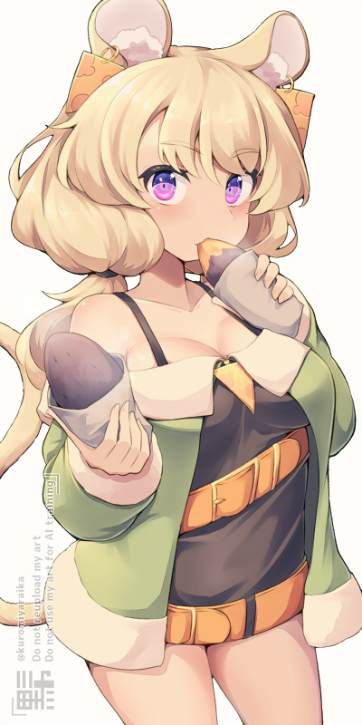 kuromiya, nezumiya chinatsu (kuromiya), original, commentary request, 1girl, animal ear fluff, animal ears, belt, belt buckle, black dress, blonde hair, breasts, brown background, buckle, cleavage, dress, food, green jacket, holding, holding food, jacket, long hair, long sleeves, looking at viewer, low twintails, medium breasts, mouse ears, mouse girl, mouse tail, off-shoulder jacket, off shoulder, orange belt, puffy long sleeves, puffy sleeves, purple eyes, roasted sweet potato, simple background, solo, steam, sweet potato, tail, twintails, watermark