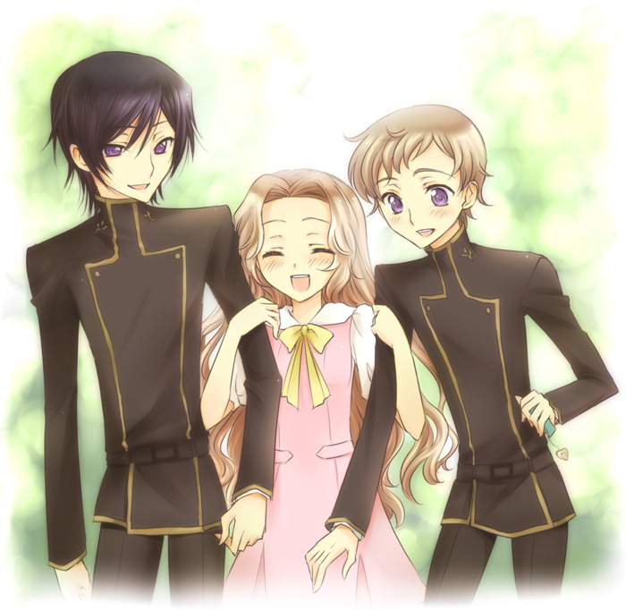 mizunomoto, lelouch vi britannia, nunnally vi britannia, rolo lamperouge, code geass, 00s, 1girl, 2boys, :d, ^ ^, black hair, blind, blush, brother and sister, brown hair, closed eyes, holding own arm, multiple boys, open mouth, purple eyes, school uniform, serafuku, siblings, smile, teeth