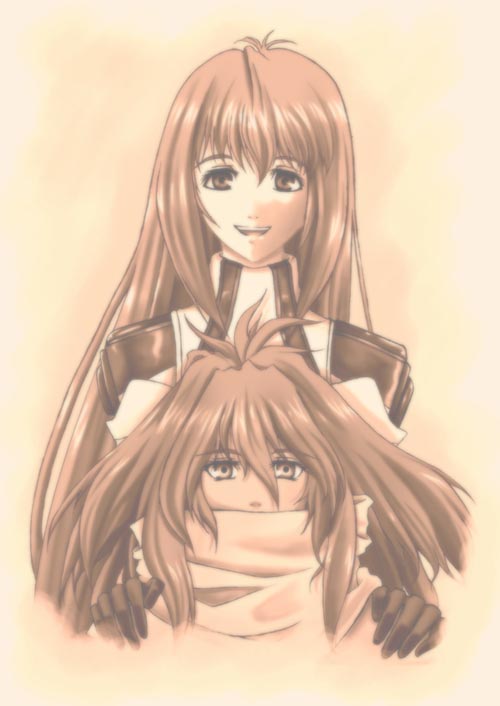 yuunagi (seventh heaven), elhaym van houten, emerada (xenogears), xenogears, bad id, bad pixiv id, 2girls, long hair, monochrome, multiple girls, sepia, smile