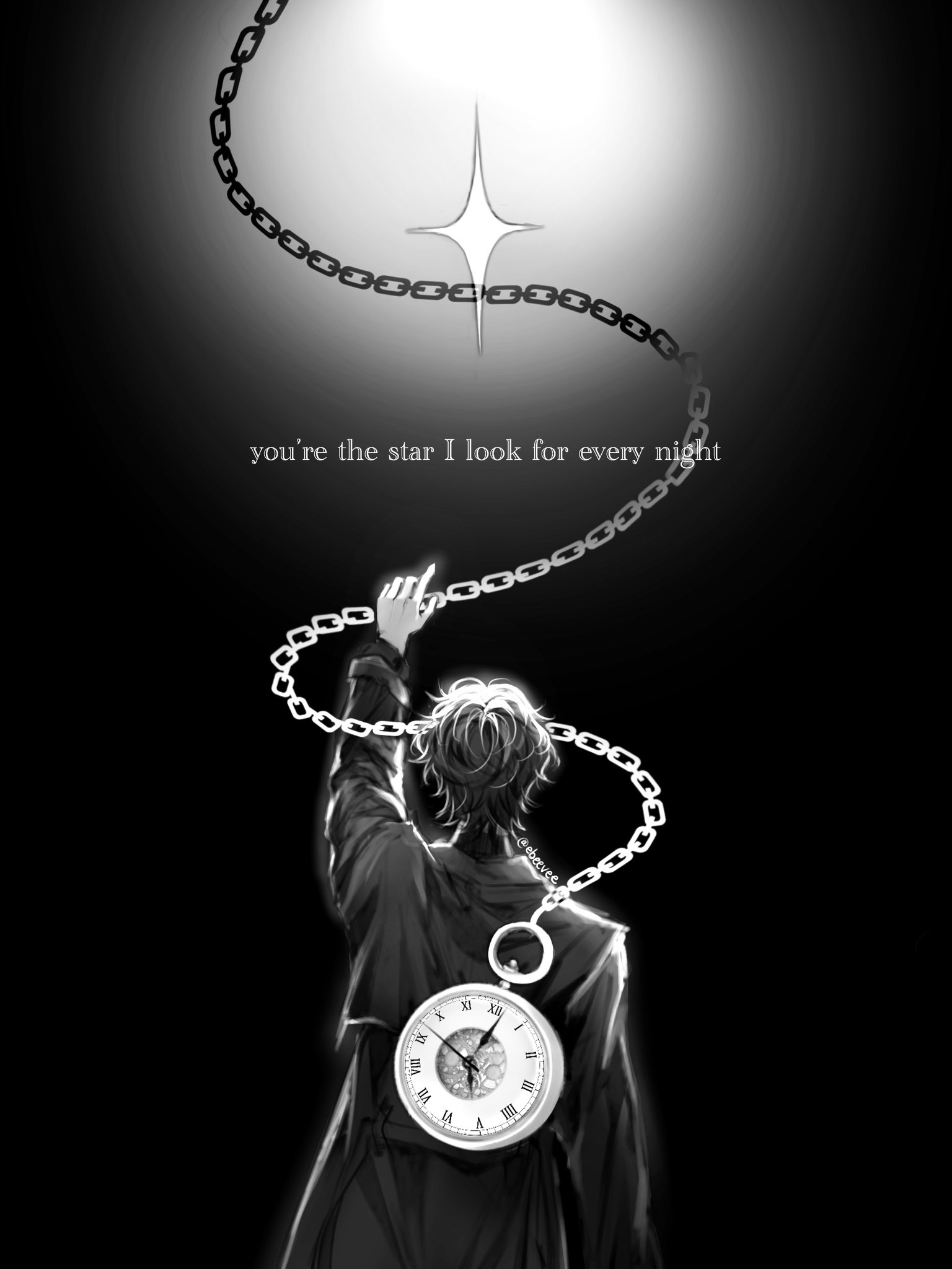 evie (baoxiao), yoo joonghyuk, omniscient reader's viewpoint, highres, 1boy, arm up, black coat, black hair, chain, coat, cowboy shot, english text, from behind, glowing, greyscale, monochrome, pocket watch, reaching, reaching towards another, short hair, solo, sparkle, watch