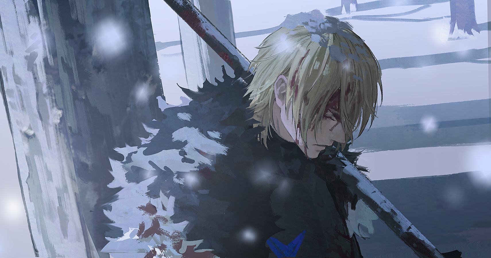 cha (fvaw7353), dimitri alexandre blaiddyd, dimitri alexandre blaiddyd (timeskip), fire emblem, fire emblem: three houses, nintendo, commentary, highres, 1boy, against tree, armor, black armor, black fur, blonde hair, blood, blood on face, bloody weapon, breastplate, closed eyes, closed mouth, eyelashes, hair behind ear, holding, holding polearm, holding weapon, injury, male focus, medium hair, parted bangs, polearm, profile, snow, snowing, tree, weapon, white fur