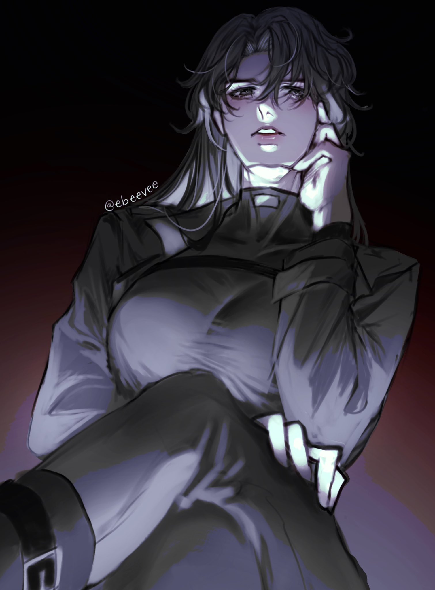 evie (baoxiao), yoo joonghyuk, omniscient reader's viewpoint, highres, 1girl, black bodysuit, black eyes, black hair, bodysuit, breasts, cleavage, from below, genderswap, genderswap (mtf), hand on knees, hand on own face, long hair, looking at viewer, parted lips, solo, tight clothes, underlighting