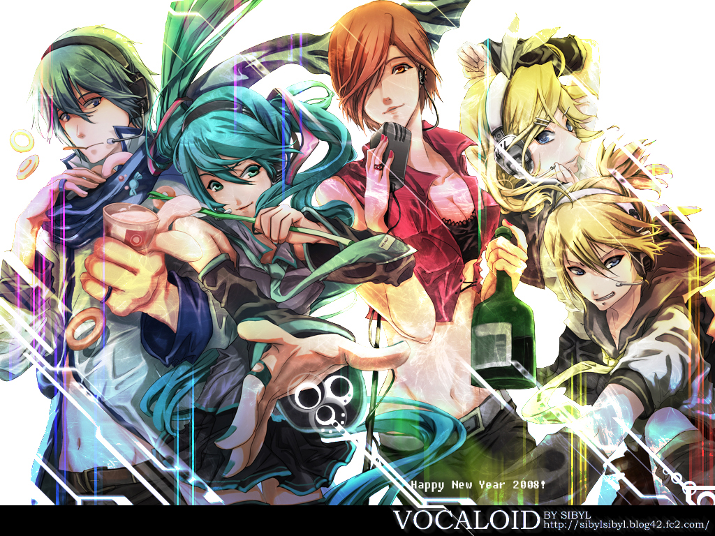 sibyl, hatsune miku, kagamine len, kagamine rin, kaito (vocaloid), meiko (vocaloid), vocaloid, bad id, bad pixiv id, 2boys, 3girls, aqua hair, brother and sister, multiple boys, multiple girls, siblings, spring onion, twins