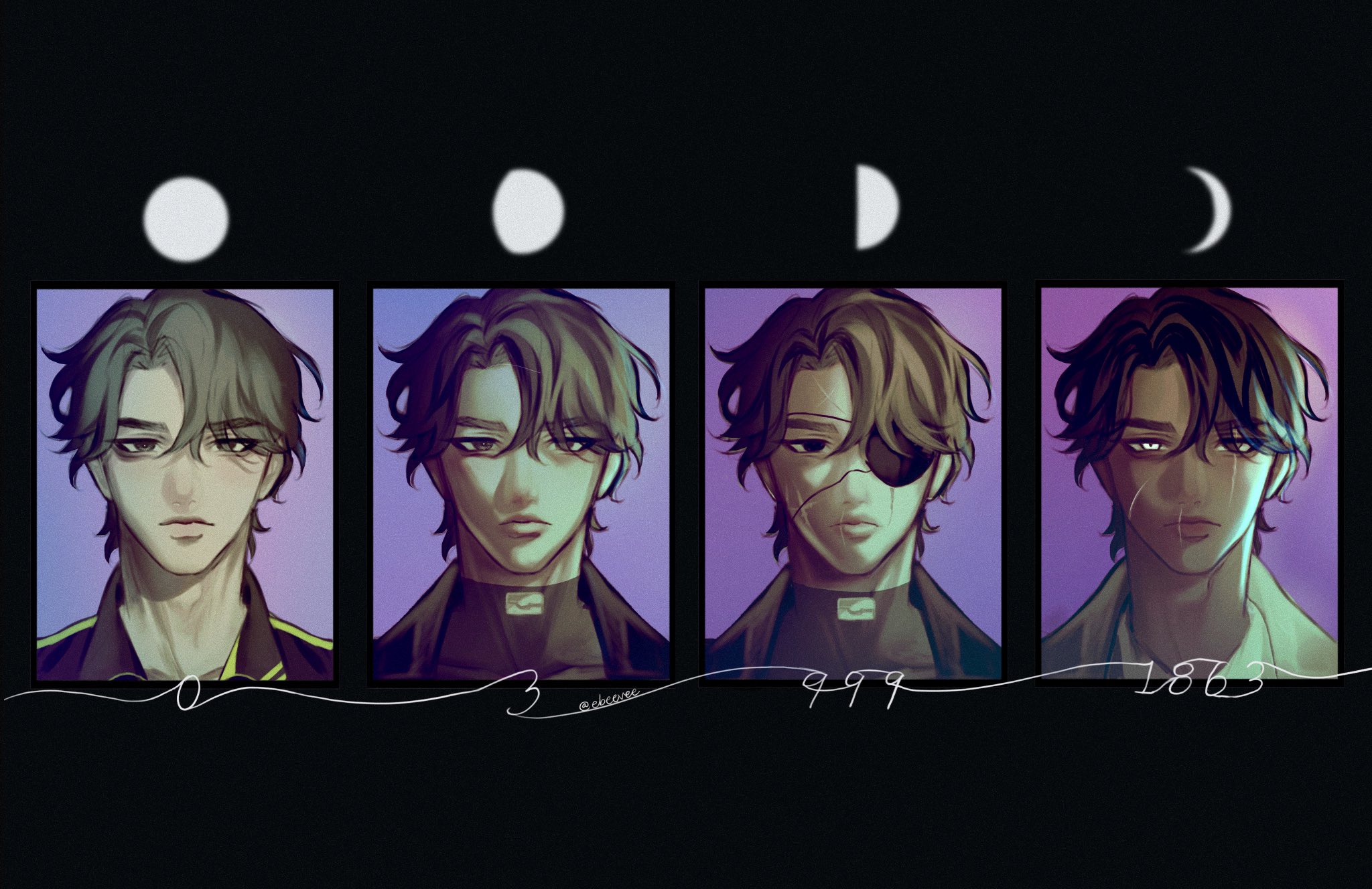 evie (baoxiao), secretive plotter, yoo joonghyuk, omniscient reader's viewpoint, highres, 1boy, bags under eyes, black border, black eyes, black hair, black shirt, border, cursive, curtained hair, eyepatch, heterochromia, moon phases, multiple persona, multiple views, numbered, portrait, progression, scar, scar on face, shirt, short hair, white eyes