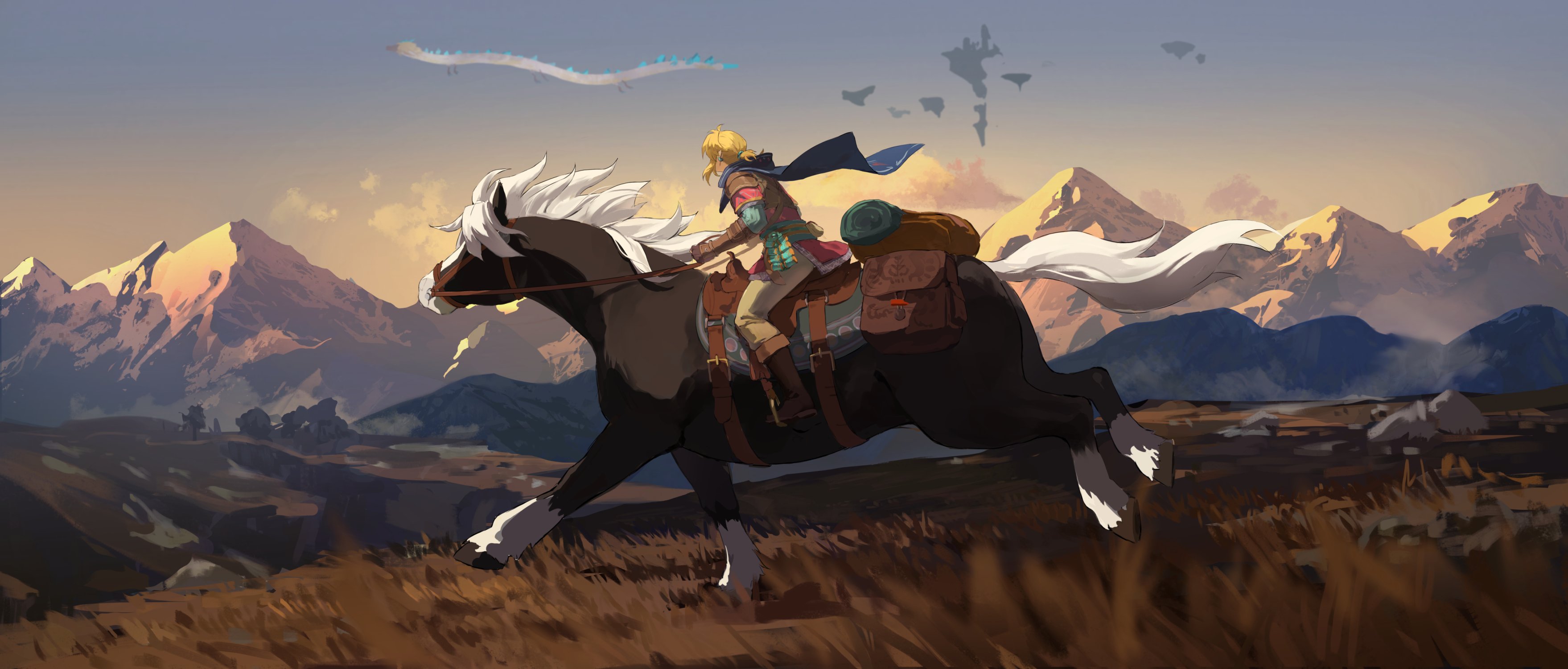 cha (fvaw7353), link, nintendo, the legend of zelda, the legend of zelda: tears of the kingdom, absurdres, commentary, hashtag-only commentary, highres, 1boy, animal, blonde hair, blue cape, boots, brown boots, brown horse, cape, dragon, field, grass, holding, holding reins, horse, male focus, mountain, pants, reins, rock, saddle, sky, tunic, white pants