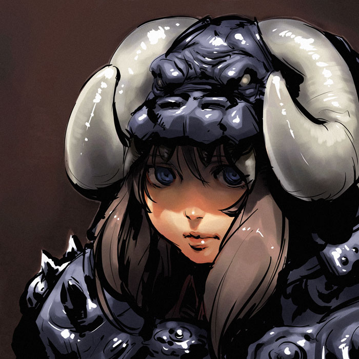 chyko, original, 1girl, brown hair, fantasy, female focus, full body, helmet, horns, looking at viewer, shoulder spikes, sidelocks, solo, spikes