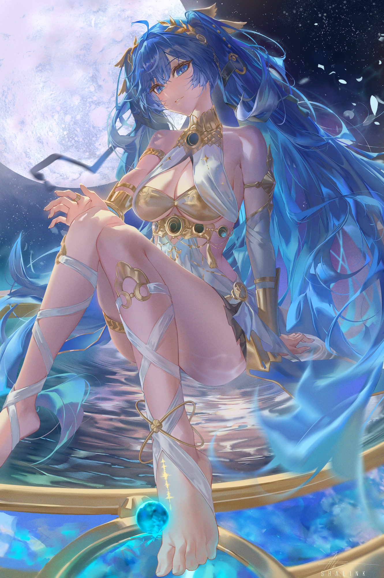 shalink, iuno (wuthering waves), wuthering waves, commentary, english commentary, highres, 1girl, ahoge, armlet, bare shoulders, barefoot, black skirt, blue eyes, blue hair, breasts, cleavage, feet, full moon, gold bra, hair belt, hair intakes, head wreath, jewelry, knees together feet apart, long hair, medium breasts, miniskirt, moon, orb, parted lips, ripples, sitting, skirt, smile, solo, tacet mark (wuthering waves), thighs, toes, very long hair, water