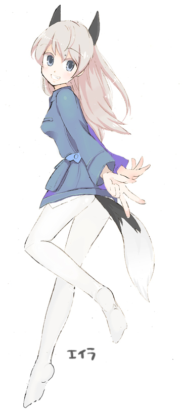 hiwari, eila ilmatar juutilainen, strike witches, world witches series, silver hair, 00s, 1girl, blue eyes, blue jacket, female focus, full body, jacket, long hair, long sleeves, looking at viewer, pantyhose, simple background, solo, standing, very long hair, white background, white pantyhose