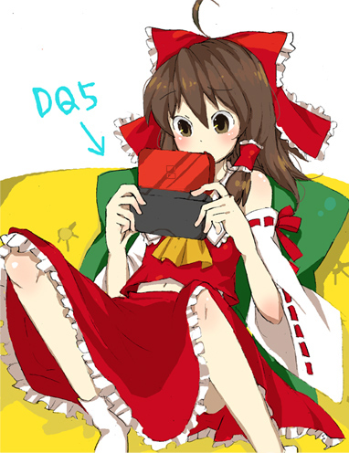 hiwari, hakurei reimu, touhou, lowres, 1girl, couch, female focus, handheld game console, nintendo ds, playing games, socks, solo, video game