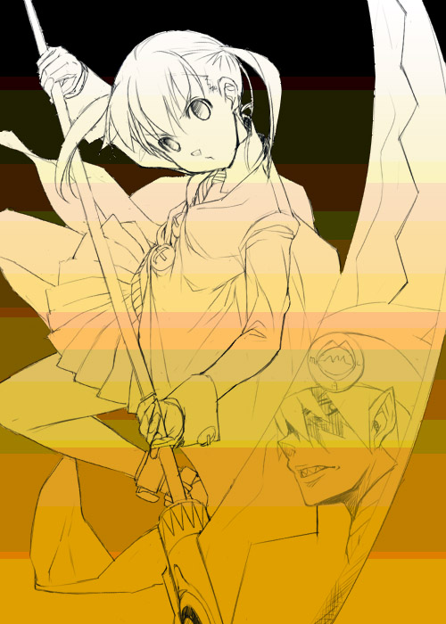 mizuki makoto, maka albarn, soul evans, soul eater, 00s, 1boy, 1girl, head tilt, holding, holding weapon, long sleeves, looking at viewer, monochrome, pleated skirt, polearm, reflection, scythe, skirt, solo focus, twintails, weapon, wrist cuffs, yellow theme