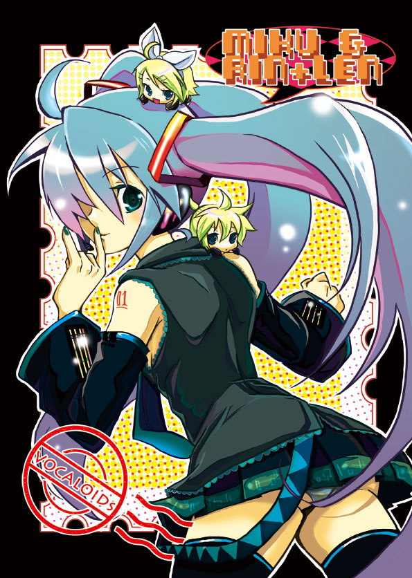 hatsune miku, kagamine len, kagamine rin, vocaloid, bad id, bad pixiv id, 1boy, 2girls, aqua hair, brother and sister, chibi, multiple girls, siblings, thighhighs, twins, twintails