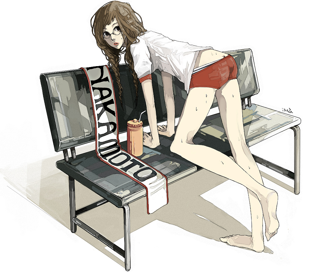 isuzu (uzushi), 1girl, barefoot, bench, bent over, brown hair, butt crack, female focus, glasses, gym uniform, long legs, solo, sweat