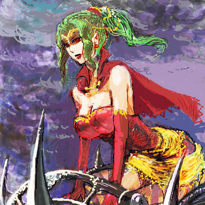 tina branford, final fantasy, final fantasy vi, lowres, 1990s (style), 1girl, breasts, cape, circlet, detached sleeves, female focus, green hair, hat, leotard, mecha, oekaki, ponytail, red eyes, red leotard, retro artstyle, robot, solo