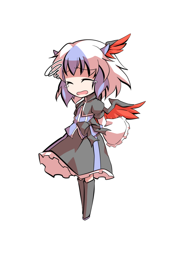 dairi, tokiko (touhou), touhou, commentary request, large variant set, variant set, 1girl, black boots, black skirt, blue hair, boots, chibi, chibi only, feathered wings, frilled skirt, frilled sleeves, frills, full body, head wings, horns, long sleeves, multicolored hair, red wings, short hair, single head wing, skirt, solo, tachi-e, transparent background, two-tone hair, white hair, wide sleeves, wings
