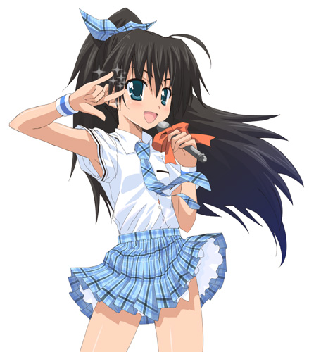 hyuuga takashi, ganaha hibiki, idolmaster, idolmaster (classic), macross, macross frontier, lowres, 1girl, black hair, blue eyes, female focus, green eyes, m/, microphone, necktie, parody, plaid clothes, plaid skirt, ponytail, ribbon, rough time school, school uniform, seikan hikou, serafuku, simple background, skirt, solo, wristband