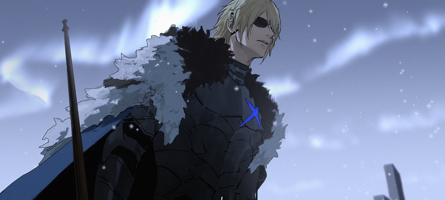 cha (fvaw7353), dimitri alexandre blaiddyd, dimitri alexandre blaiddyd (timeskip), fire emblem, fire emblem: three houses, nintendo, commentary, hashtag-only commentary, 1boy, armor, aurora, black armor, black fur, blonde hair, blue cape, breastplate, cape, eyepatch, hair over one eye, male focus, one eye covered, parted bangs, parted lips, polearm, snowing, solo, standing, weapon, white fur