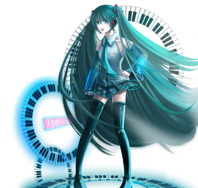 sumito, hatsune miku, vocaloid, 1girl, bare shoulders, detached sleeves, female focus, green eyes, green hair, instrument, keyboard, keyboard (instrument), long hair, matching hair/eyes, piano keys, skirt, solo, thighhighs, twintails, very long hair