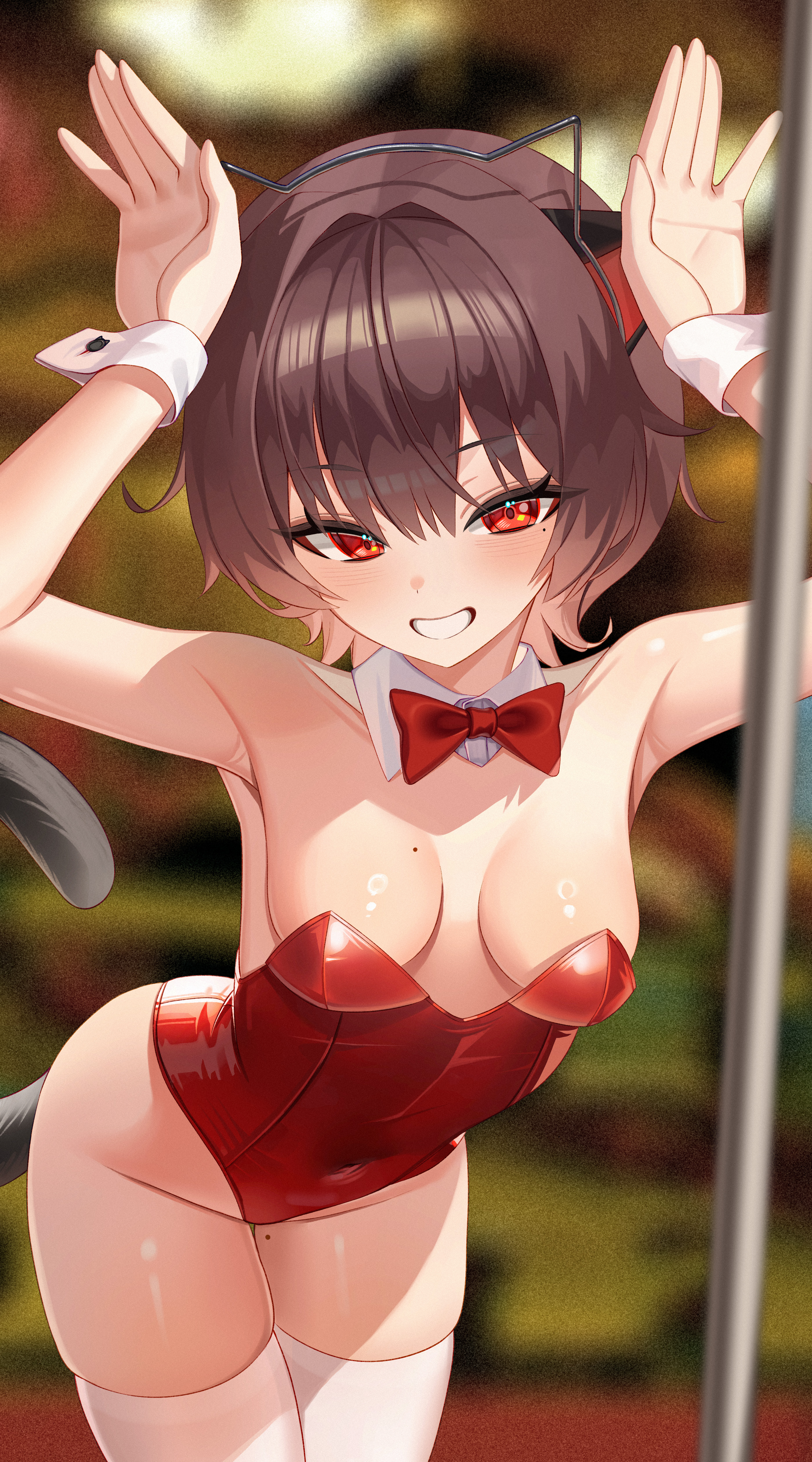 gimseol, prunechi, original, absurdres, commentary, commission, highres, 1girl, animal ears, armpits, arms up, bare shoulders, bent over, blurry, bow, bowtie, breasts, brown hair, cat ears, cat girl, cat tail, covered navel, cowboy shot, depth of field, detached collar, fake animal ears, grin, hairband, leotard, looking at viewer, medium breasts, mole, mole on breast, mole on thigh, mole under eye, nontraditional playboy bunny, playboy bunny, pole, rabbit pose, red eyes, red leotard, short hair, skindentation, smile, solo, standing, strapless, strapless leotard, stripper pole, tail, thighhighs, thighs, white thighhighs, wrist cuffs
