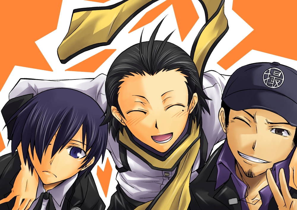 segami daisuke, iori junpei, mochizuki ryouji, yuuki makoto (persona 3), atlus, persona, persona 3, 3boys, black hair, blue eyes, blue hair, closed eyes, hair over one eye, hat, male focus, multiple boys, one eye closed, ribbon, scarf, school uniform, serafuku, smile, suspenders, wink