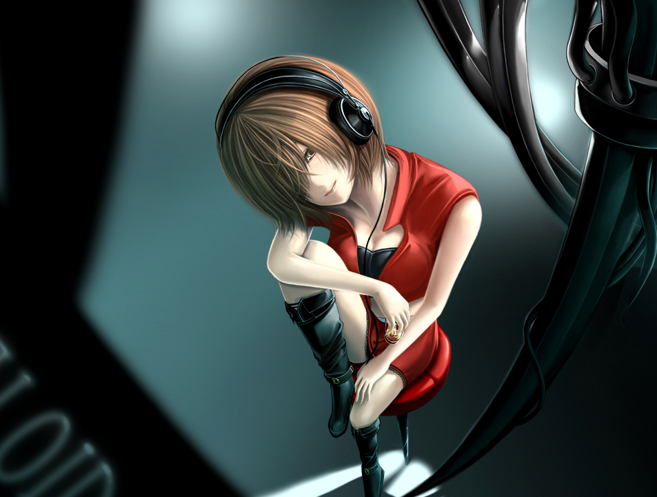 sumito, meiko (vocaloid), vocaloid, 1girl, boots, breasts, brown eyes, brown hair, female focus, foreshortening, hair over one eye, headphones, short hair, skirt, solo, stool, vest