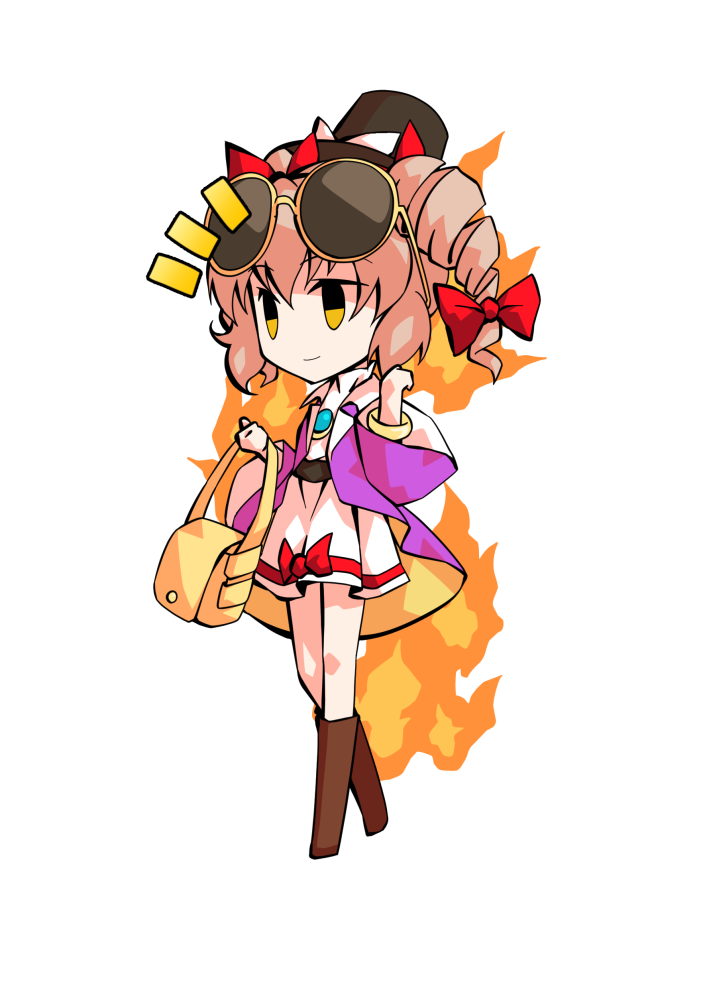 dairi, yorigami jo'on, touhou, commentary request, large variant set, variant set, 1girl, belt, belt boots, black hat, boots, bow, brown boots, brown hair, chibi, chibi only, coat, dress, drill hair, eyewear on head, fire, full body, hair ribbon, hat, hat bow, long sleeves, open clothes, open coat, ribbon, solo, tachi-e, transparent background