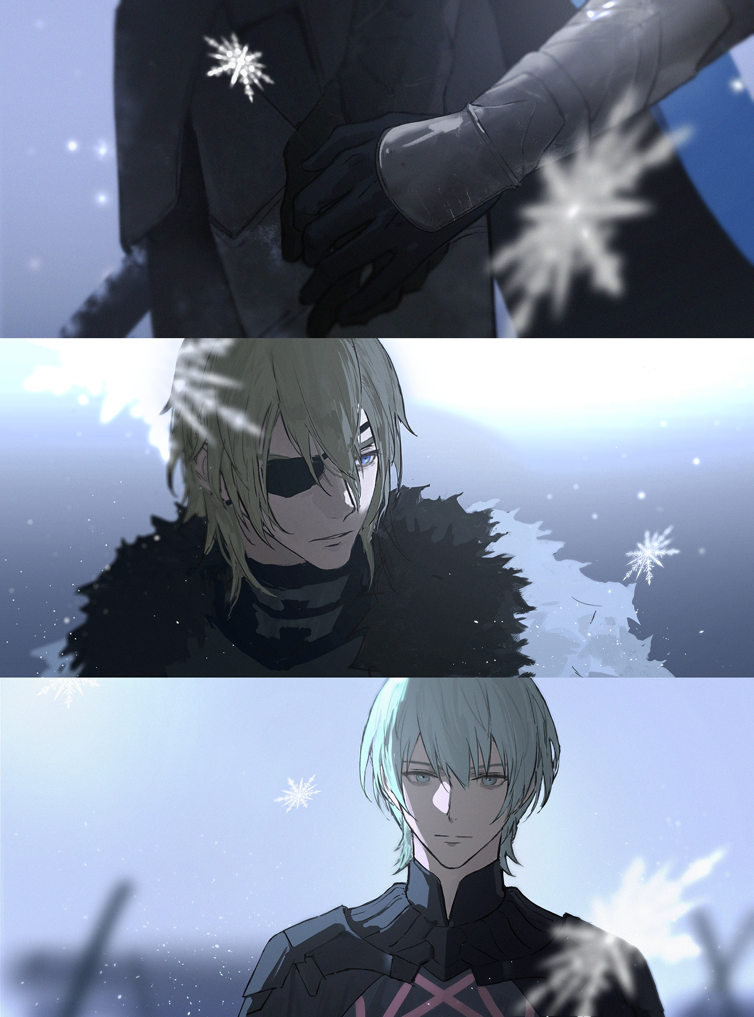 cha (fvaw7353), dimitri alexandre blaiddyd, dimitri alexandre blaiddyd (timeskip), male byleth (enlightened) (fire emblem), male byleth (fire emblem), fire emblem, fire emblem: three houses, nintendo, commentary, hashtag-only commentary, highres, 2boys, armor, black armor, black cape, black fur, black gloves, blonde hair, blue cape, blue eyes, cape, closed mouth, double-parted bangs, eyepatch, faulds, gauntlets, gloves, gorget, green eyes, green hair, hair between eyes, looking to the side, male focus, medium hair, multiple boys, one eye covered, polearm, snowflakes, standing, weapon, white fur
