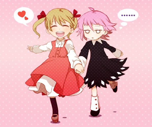 mot, crona (soul eater), maka albarn, soul eater, gender request, 00s, aged down, androgynous, black dress, blonde hair, blouse, child, closed eyes, dress, hair ribbon, happy, heart, holding hands, mary janes, open mouth, pink background, pink hair, polka dot, polka dot background, red dress, ribbon, running, shirt, shoes, short hair, smile, socks, spoken heart, twintails